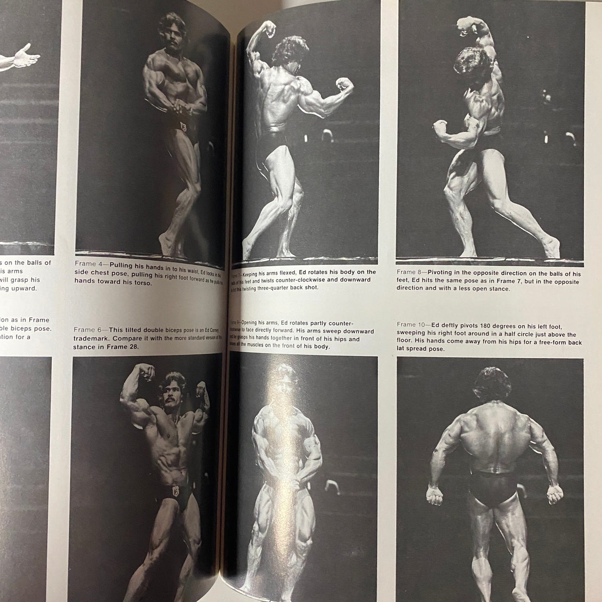 Various poses illustrated in the 1984 Competitive Bodybuilding book by Joe Weider with Bill Reynolds, showcasing bodybuilders in competitive stances.