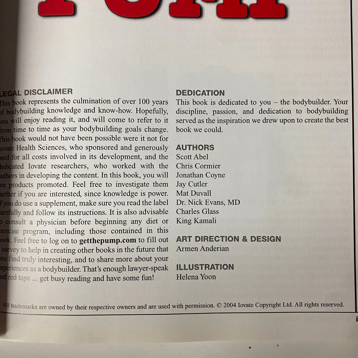 Legal disclaimer page from 'Get The Pump: The Last Word in Bodybuilding' showcasing the authors and their dedication to bodybuilding.