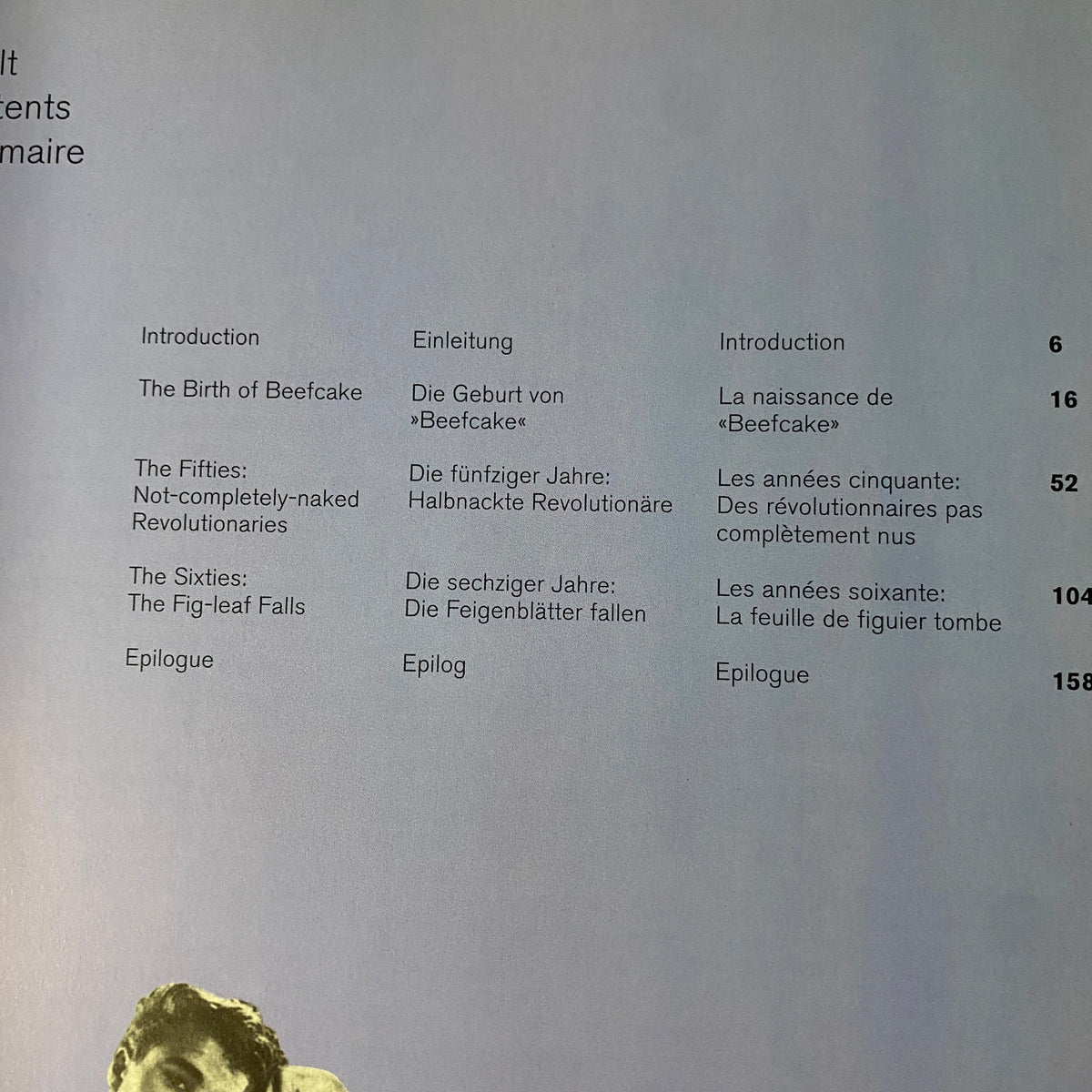 Table of contents page from 'Beefcake: The Muscle Magazines of America, 1950–1970' detailing sections like 'The Birth of Beefcake' and 'The Sixties: The Fig-Leaf Falls'.