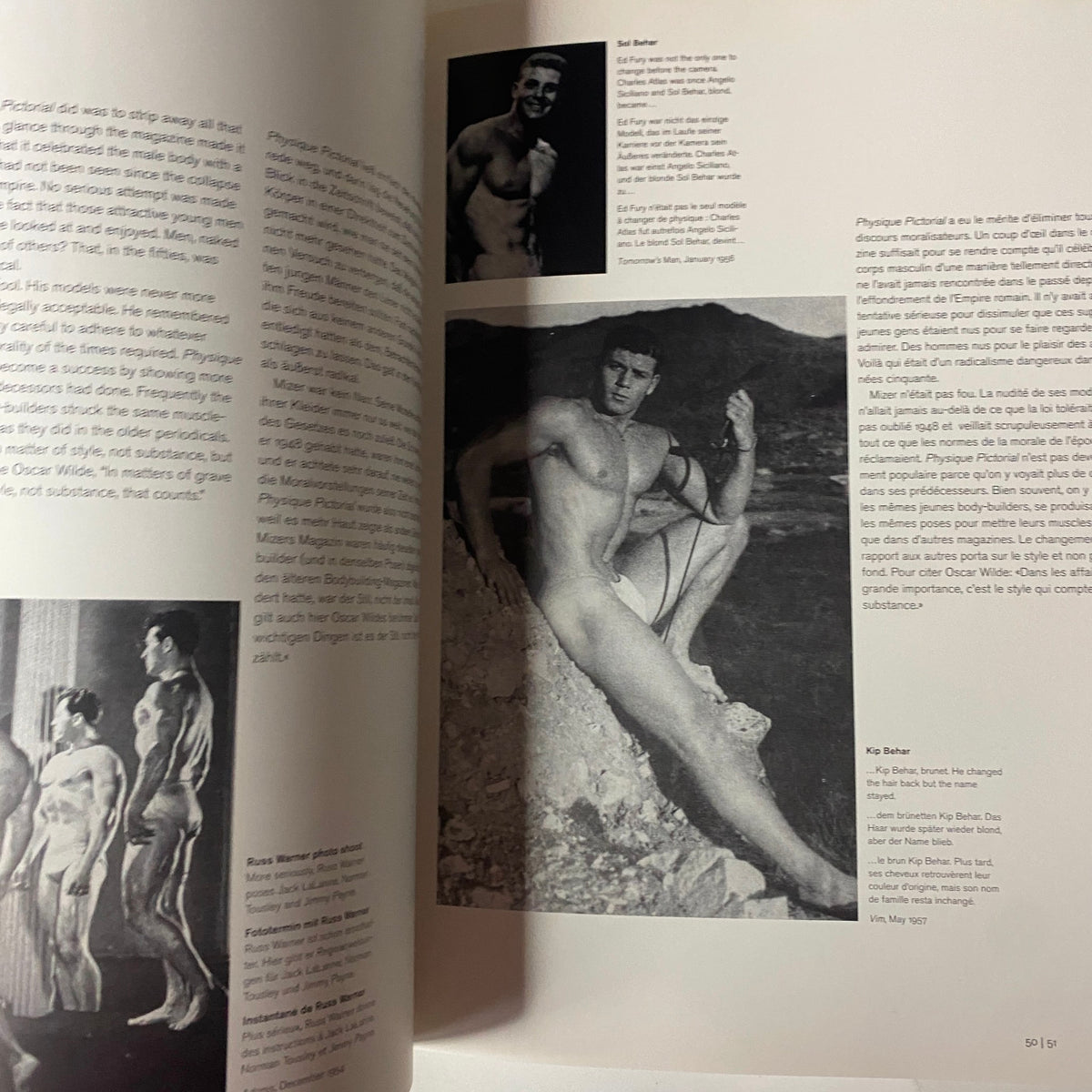 Interior page from 'Beefcake: The Muscle Magazines of America, 1950–1970' with images of muscular models and text discussing the evolution of physique magazines.