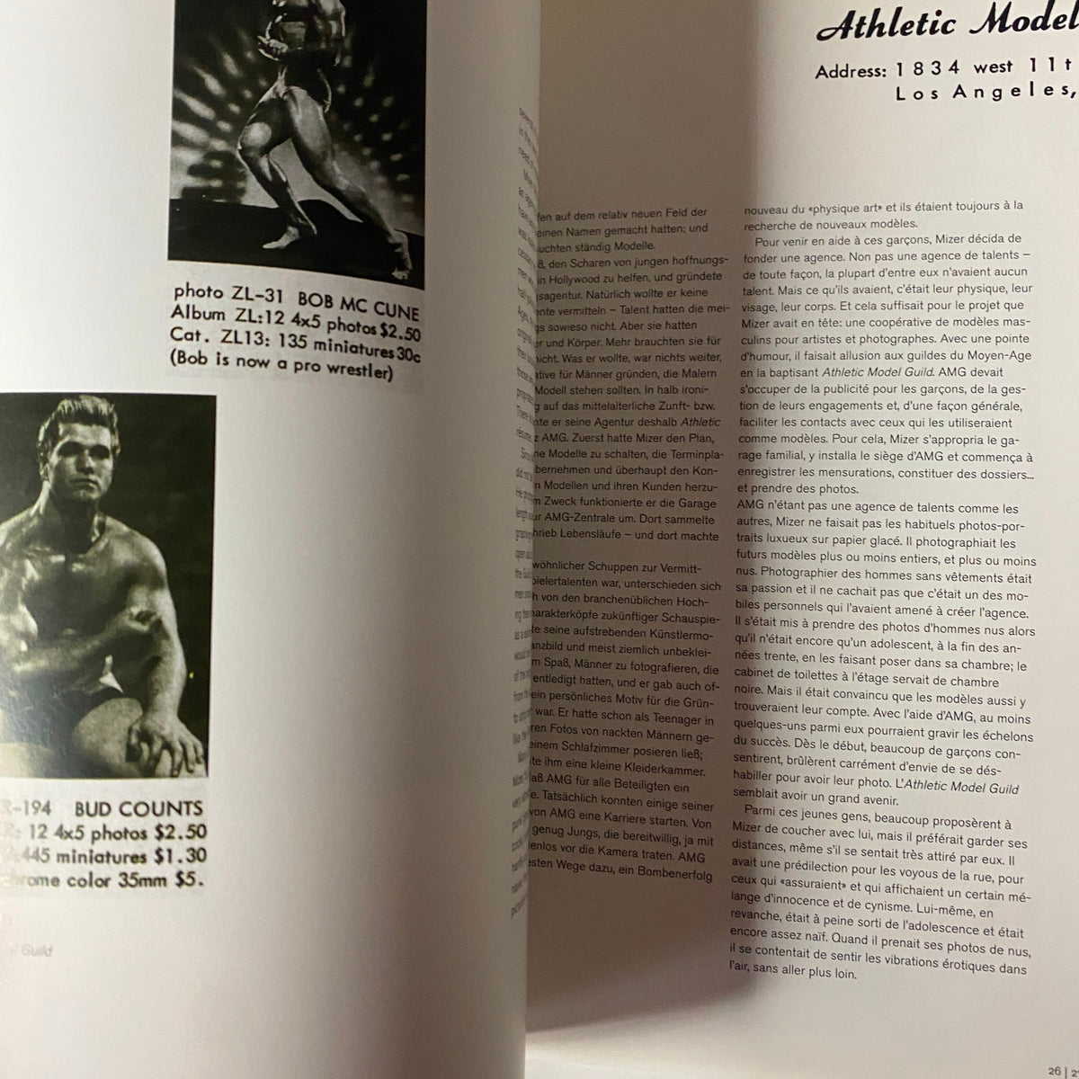 Page from 'Beefcake: The Muscle Magazines of America, 1950–1970' displaying a subscription advertisement featuring Bob McCune alongside vintage bodybuilding text.
