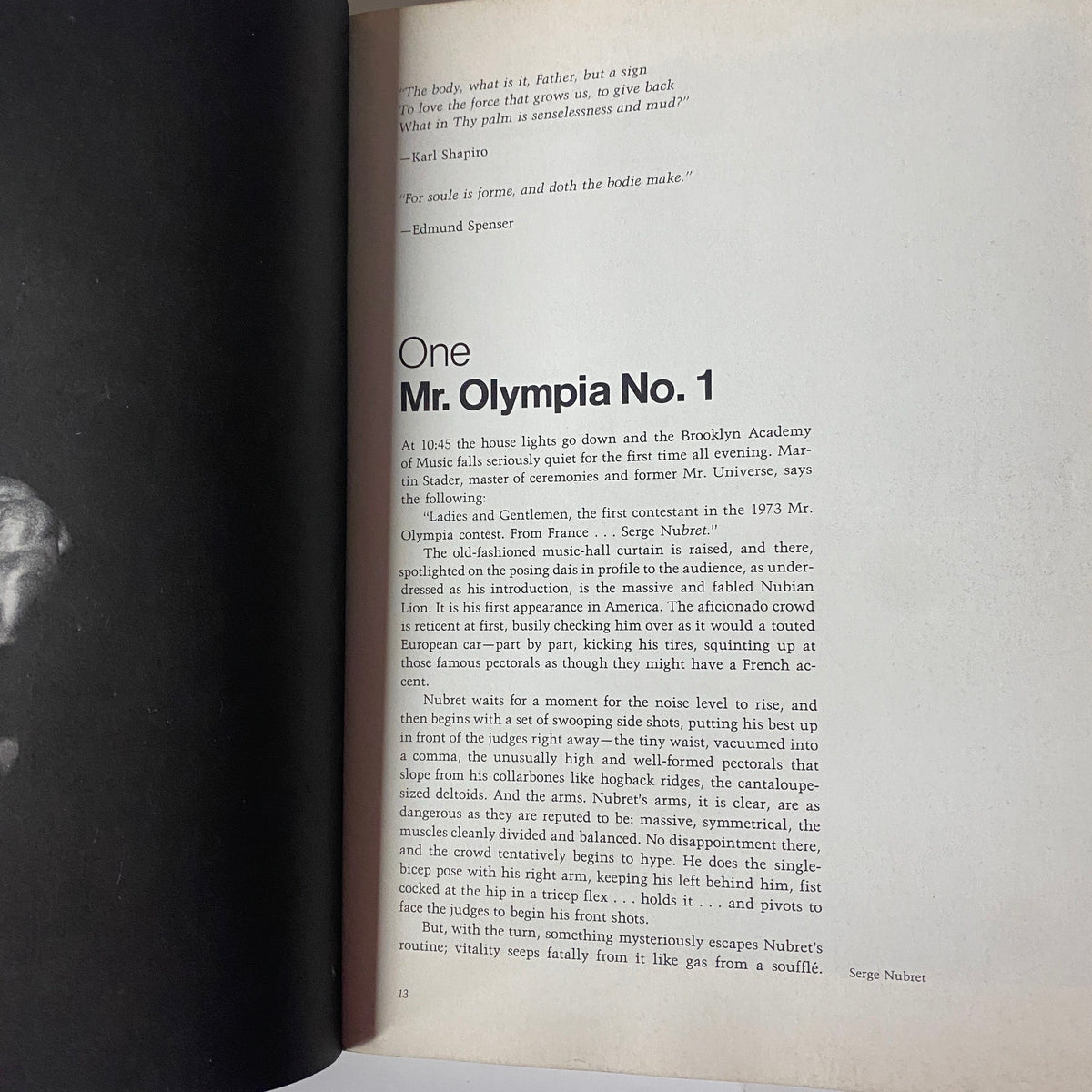 Interior page from 'Pumping Iron: The Art and Sport of Bodybuilding' showcasing the text 'Mr. Olympia No. 1' with the introduction to a notable figure in bodybuilding history.