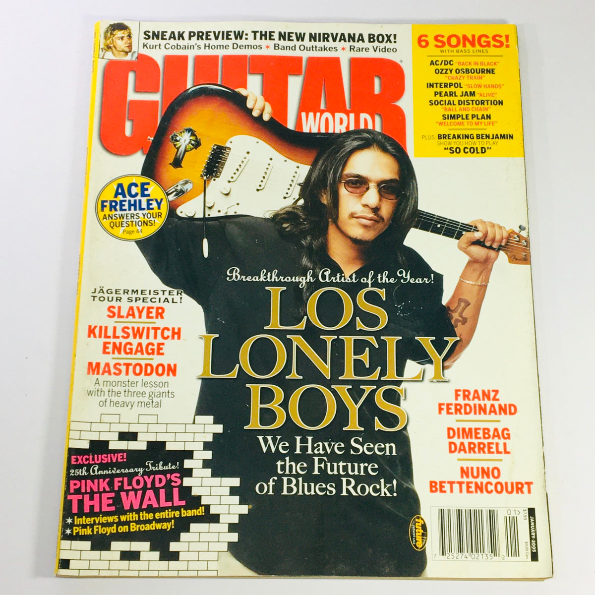 Guitar World Magazine June 2005 cover featuring artists Franz Ferdinand, Dimebag Darrell, and Nuno Bettencourt, highlighting breakthrough artist Los Lonely Boys and showcasing key articles about rock music history.