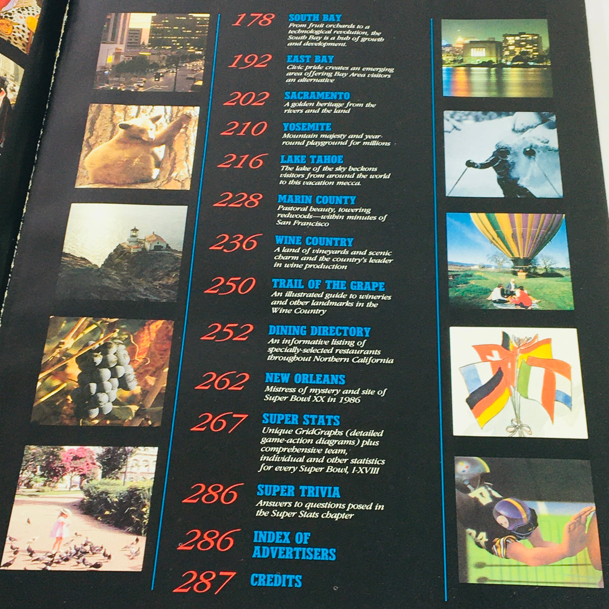 Continuation of the table of contents from the VTG 1984 Official Super Bowl XIX Scenic Guide to San Francisco Bay, highlighting destinations in California and features related to the Super Bowl.