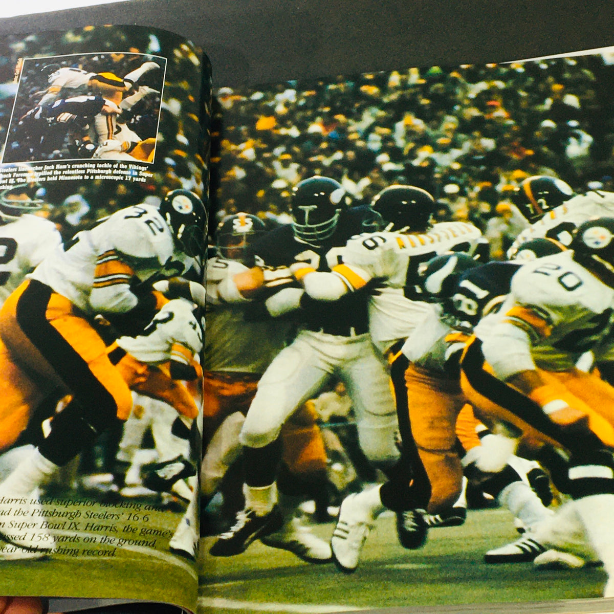 Dramatic football play captured in the VTG 1984 Official Super Bowl XIX Scenic Guide to San Francisco Bay, showcasing the intensity of NFL games.