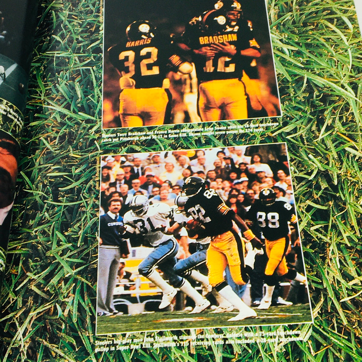 VTG 1984 Official Super Bowl XIX Scenic Guide to San Francisco Bay featuring players from the Pittsburgh Steelers, including Terry Bradshaw and Franco Harris, on the field during a game.