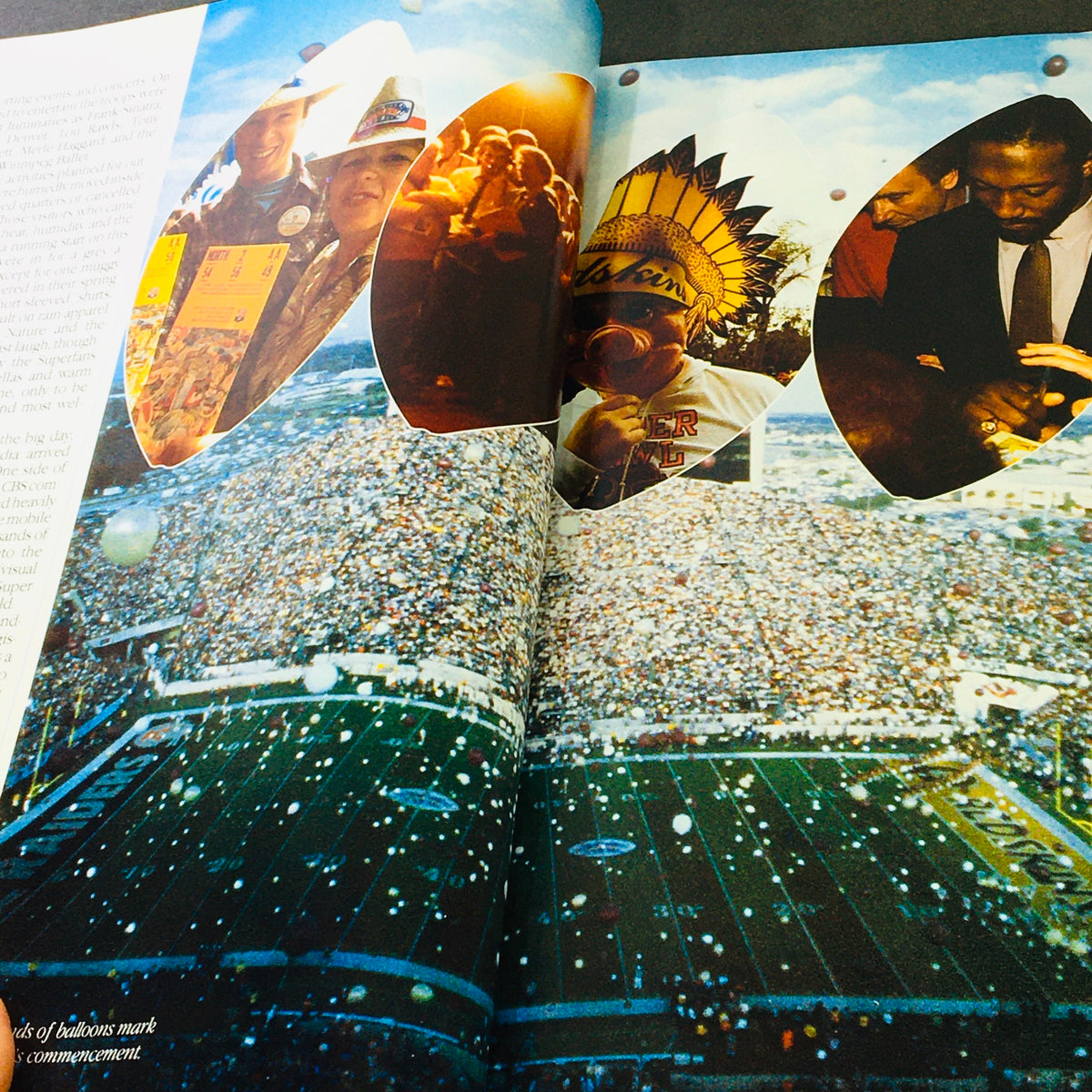Inside view of the VTG 1984 Official Super Bowl XIX Scenic Guide to San Francisco Bay, showcasing vibrant images of fans and the Super Bowl atmosphere with a stadium full of spectators.