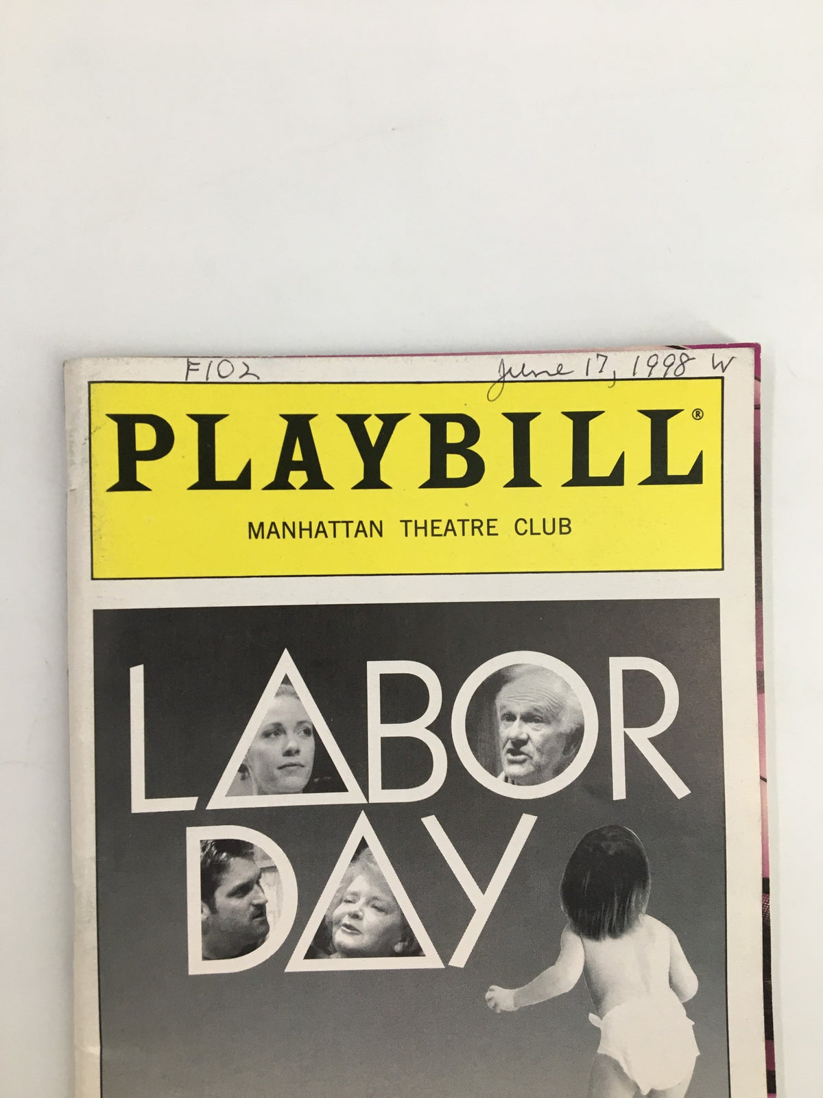 Close-up view of the 1998 Playbill from Manhattan Theatre Club for Labor Day, highlighting the vibrant yellow header and captivating cover art.