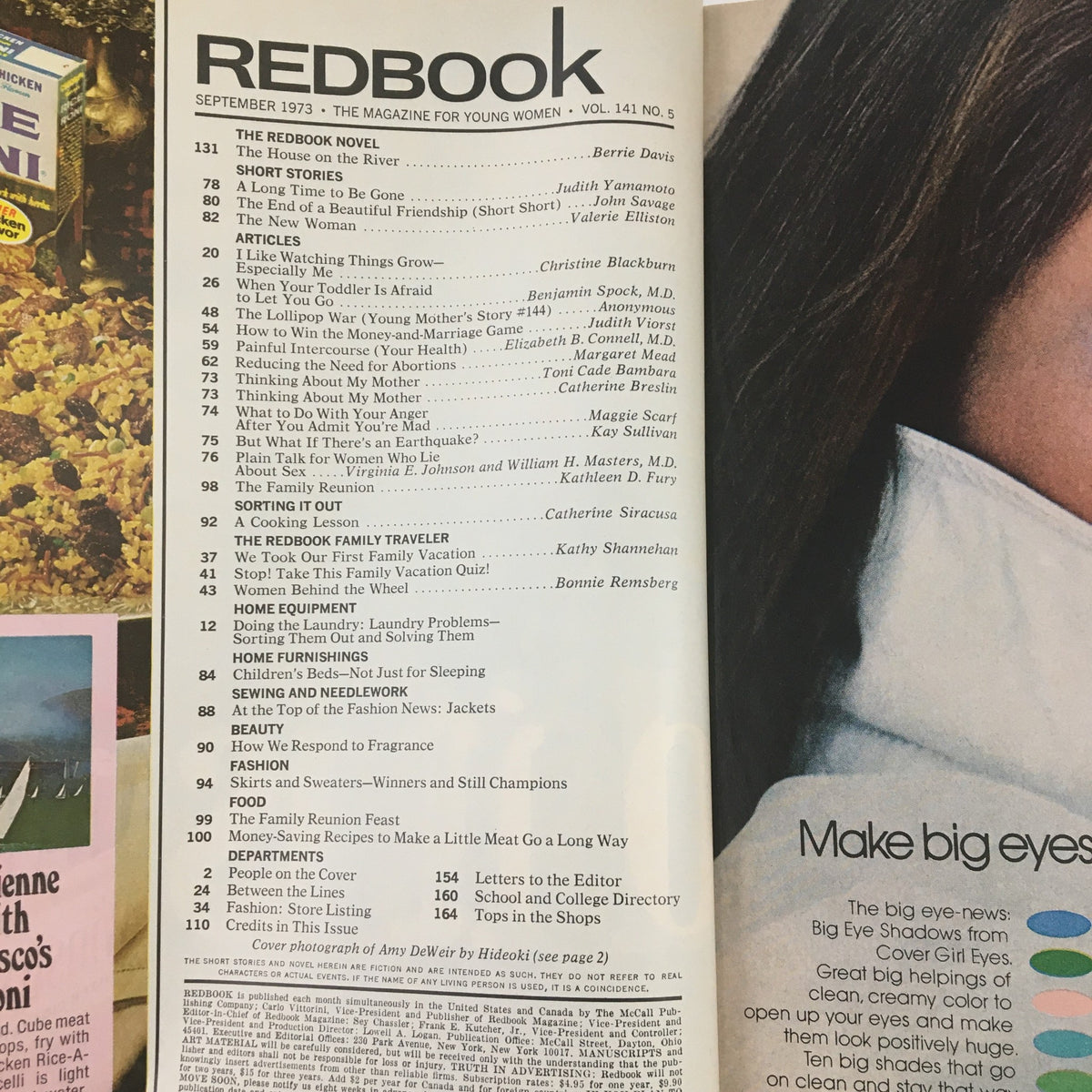 Inside page of Redbook Magazine September 1973 showcasing the table of contents and additional articles, with a prominence given to the cover photograph of Amy DeWeir by Hideoki.