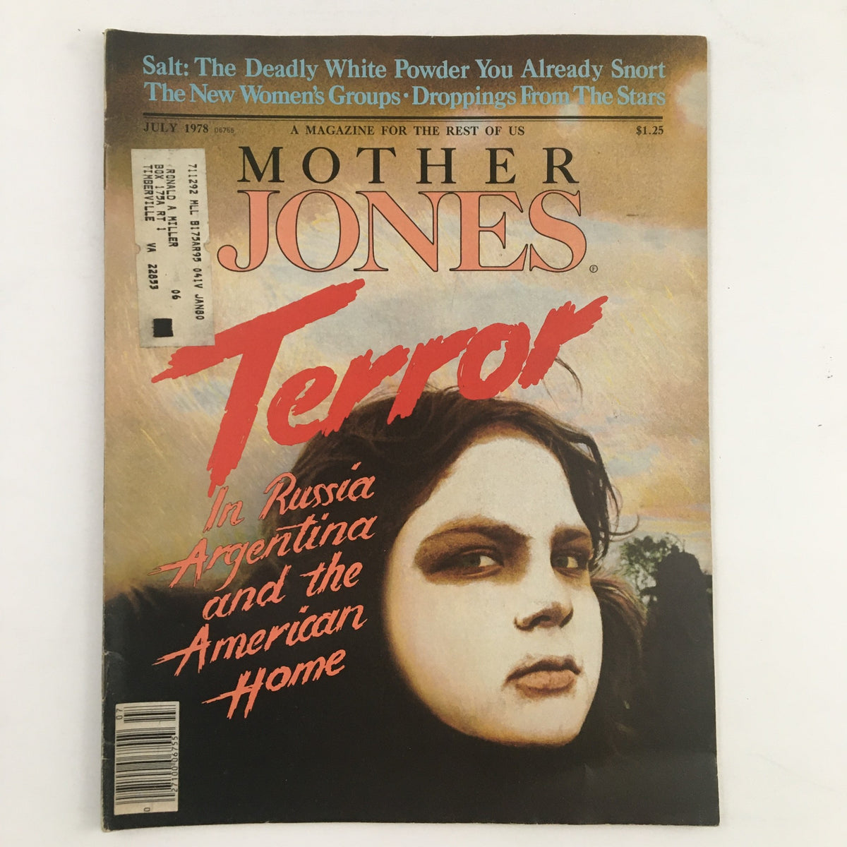 Cover of Mother Jones Magazine July 1978 featuring the title 'Terror in Russia, Argentina and the American Home' along with a striking image of a girl with bold makeup against a dramatic sky.