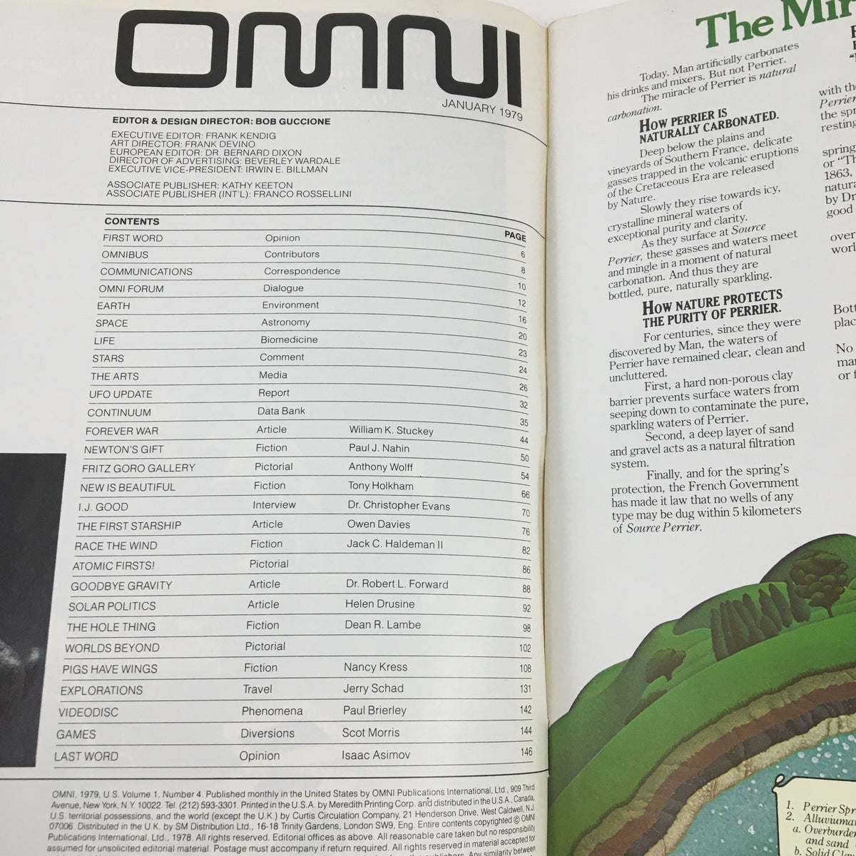 Contents page of Omni Magazine January 1979 displaying the articles and features of this vintage edition.