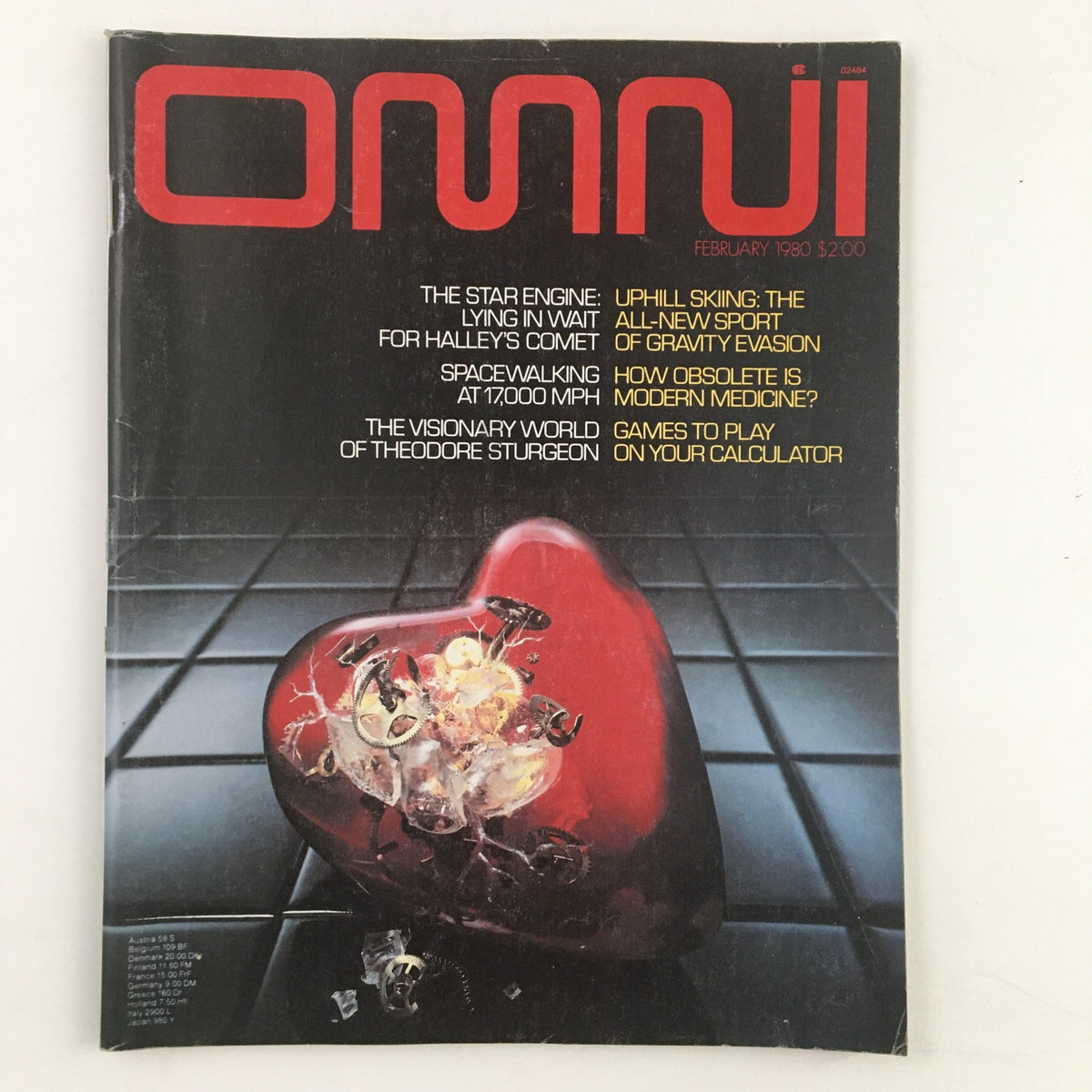 Cover of Omni Magazine February 1980, featuring the title 'The Star Engine For Halley's Comet,' showcasing a striking red heart design with mechanical elements and article highlights like 'Uphill Skiing' and 'The Visionary World of Theodore Sturgeon.'