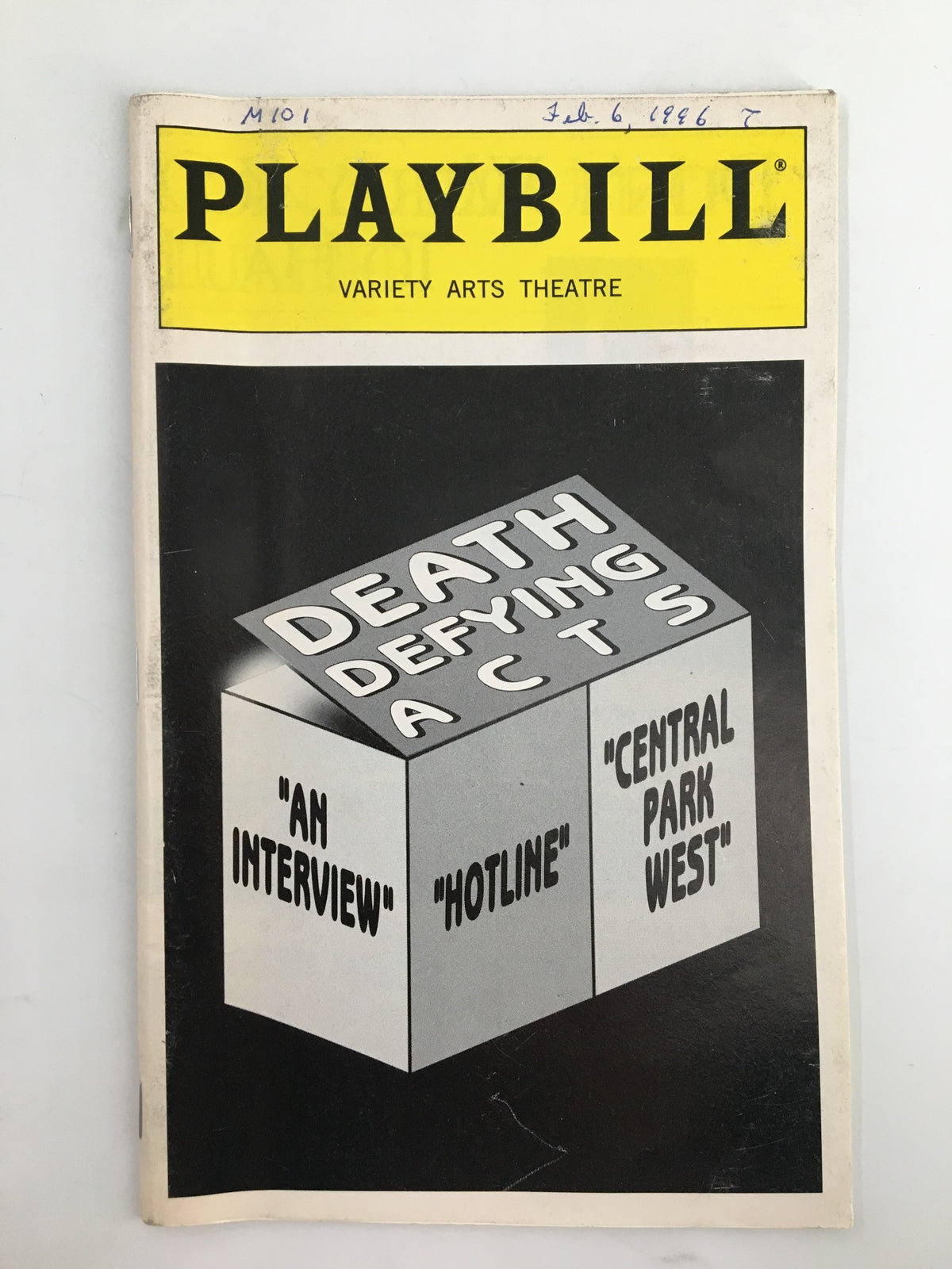 1996 Playbill featuring Valerie Harper in Death Defying Acts at Variety Arts Theatre, showcasing the show's title on the front cover.