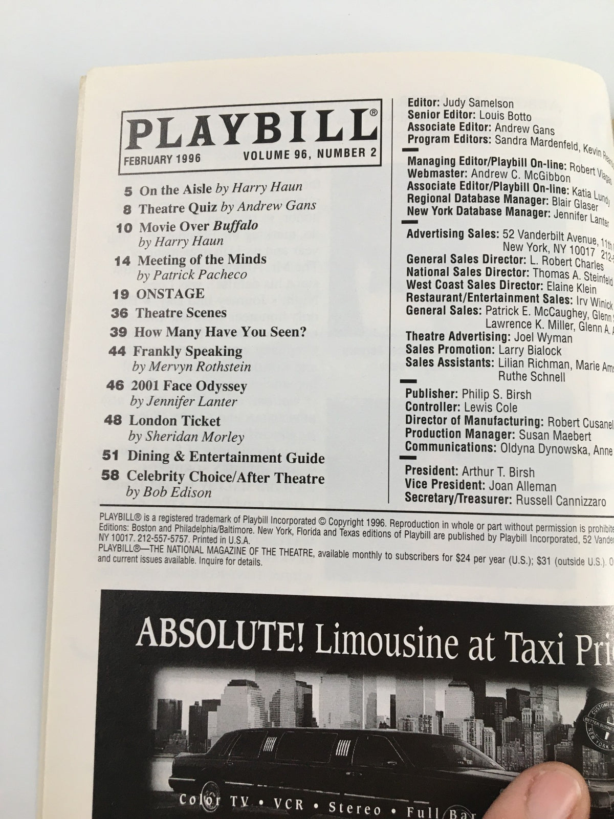 Inside page of the February 1996 Playbill featuring various theatre scenes and articles, part of the collectible Playbill for Valerie Harper in Death Defying Acts at Variety Arts Theatre.