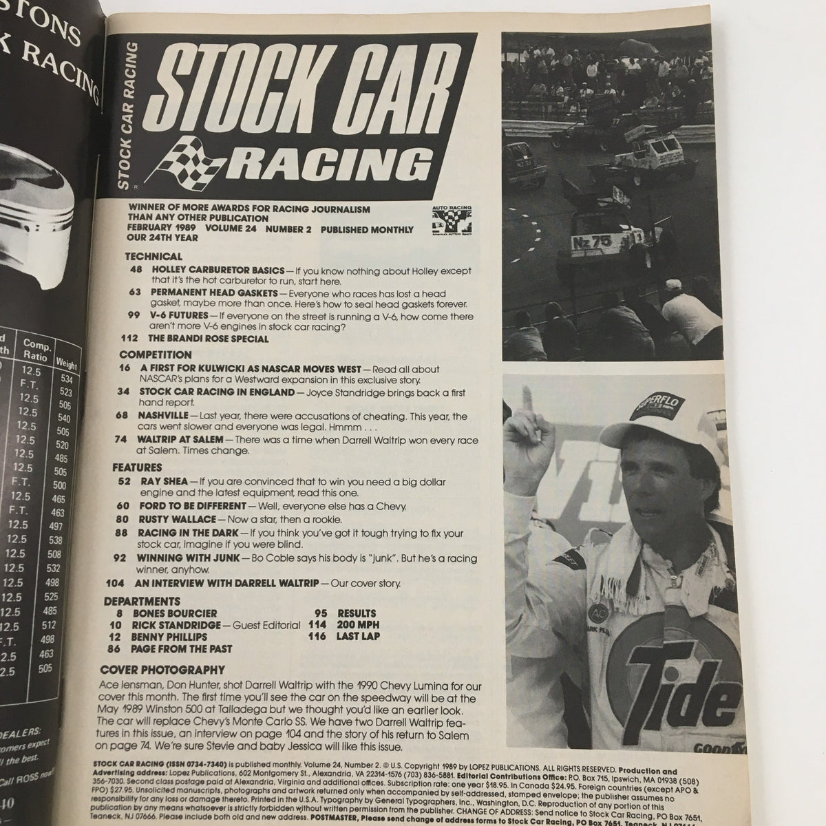 Interior page of Stock Car Racing Magazine February 1989 showcasing features and articles about Darrell Waltrip and stock car racing insights. It includes technical aspects and industry news.