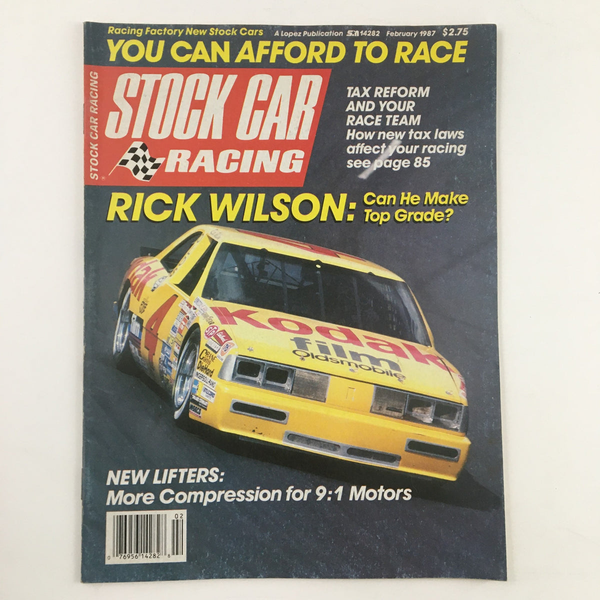 Cover of Stock Car Racing Magazine February 1987 featuring Rick Wilson and a Kodak film-themed race car. Highlighting topics like tax reform and stock car racing tips.
