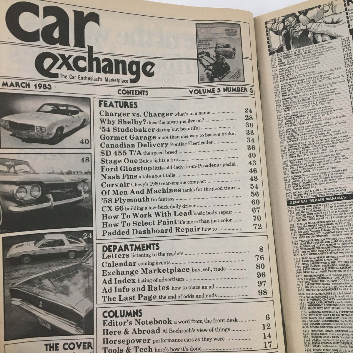 Interior page of Car Exchange Magazine March 1983 displaying contents that include features on automotive topics, classic cars, and tips for car enthusiasts.