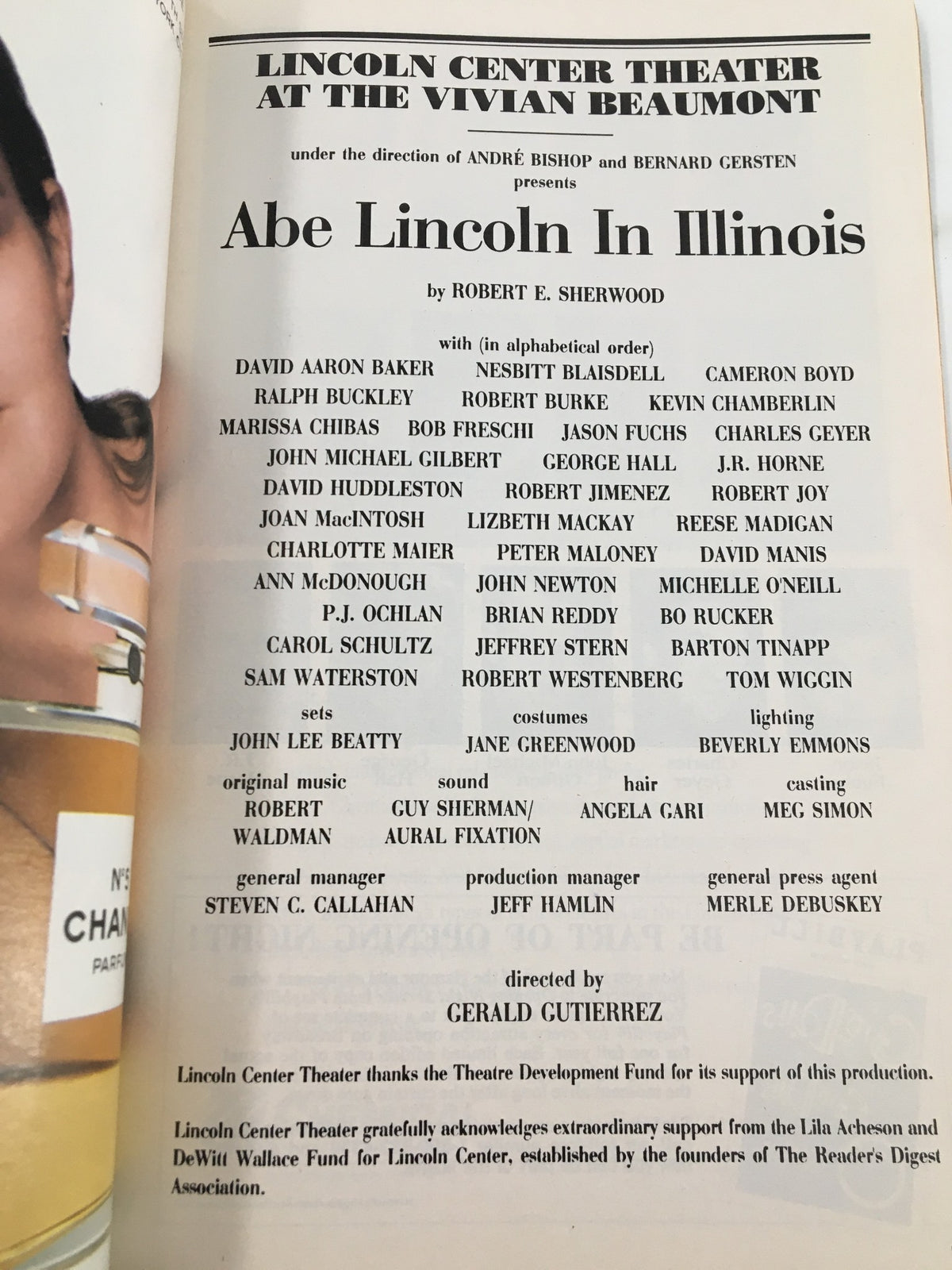 Credits page from the 1993 Playbill for Lincoln Center Theatre featuring Robert E. Sherwood's 'Abe Lincoln in Illinois'.