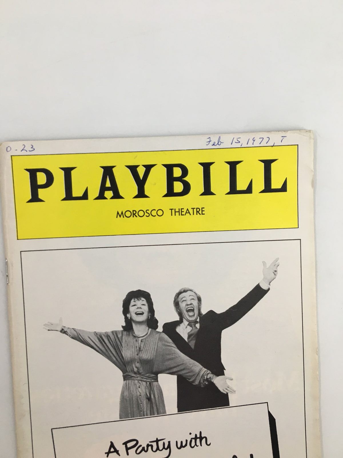 Close-up view of the 1977 Playbill for 'A Party With Betty Comden & Adolph Green,' showcasing the title and theater details on the cover.