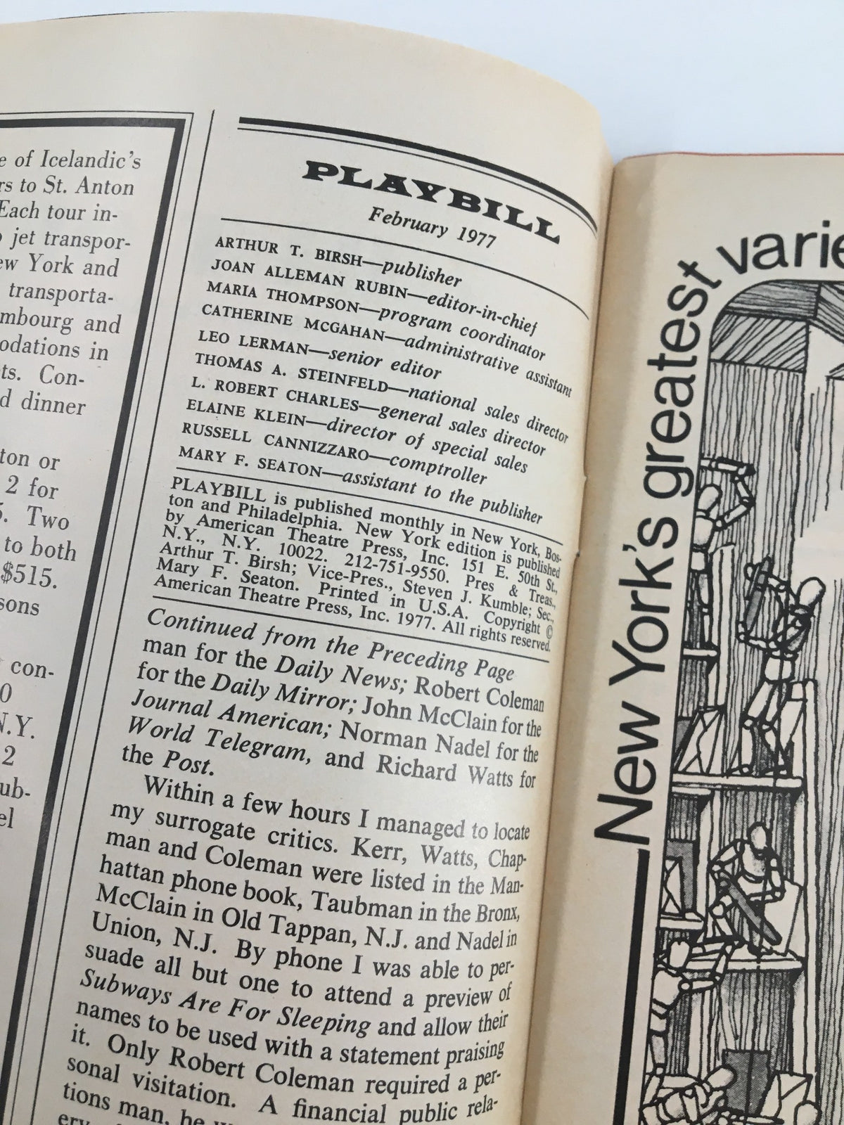 Interior page of the 1977 Playbill from The Morosco Theatre, featuring text and credits related to 'A Party With Betty Comden & Adolph Green'.