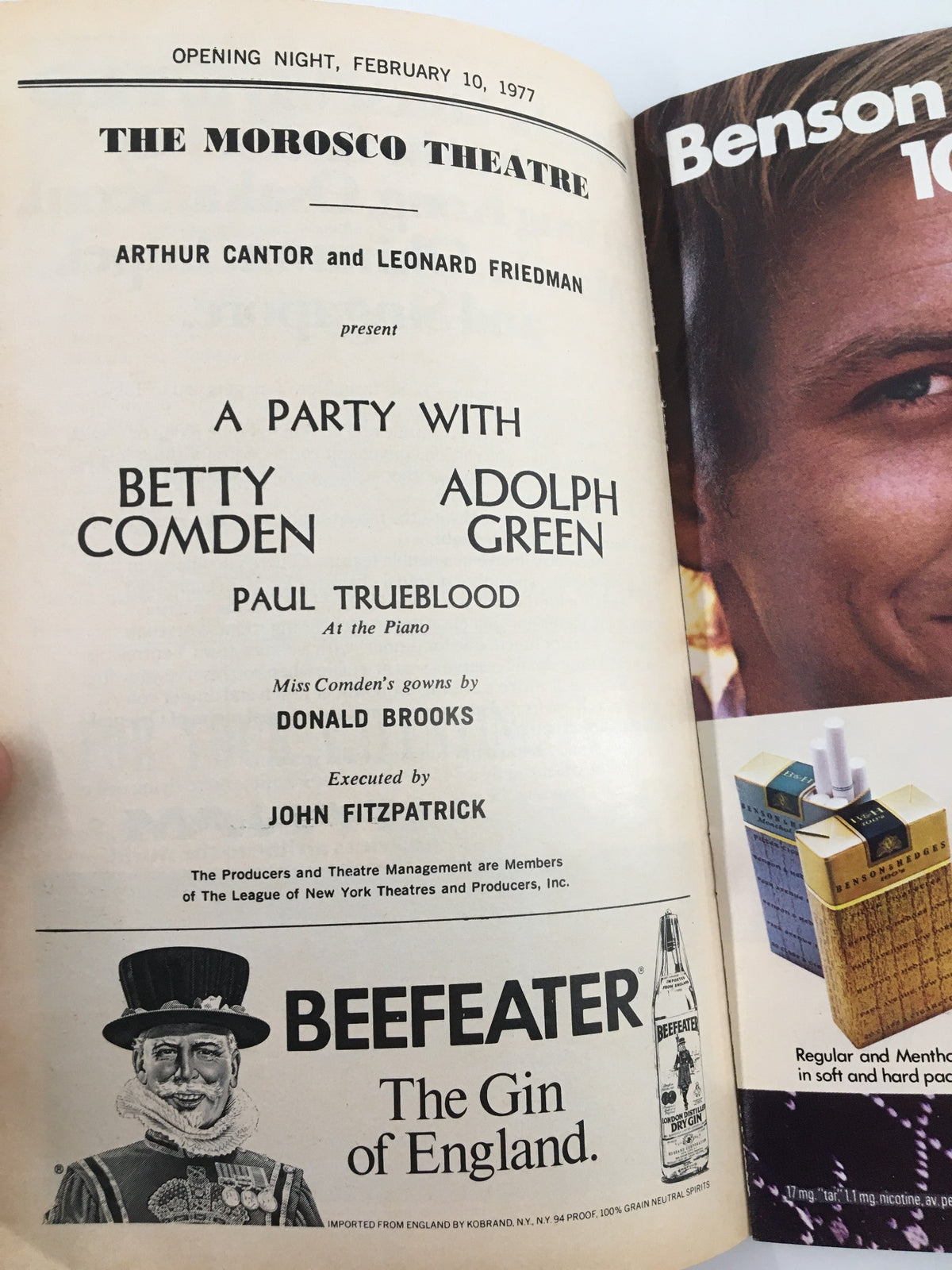 1977 Playbill from The Morosco Theatre featuring the opening night announcement for 'A Party With Betty Comden & Adolph Green,' highlighting performers and production details.