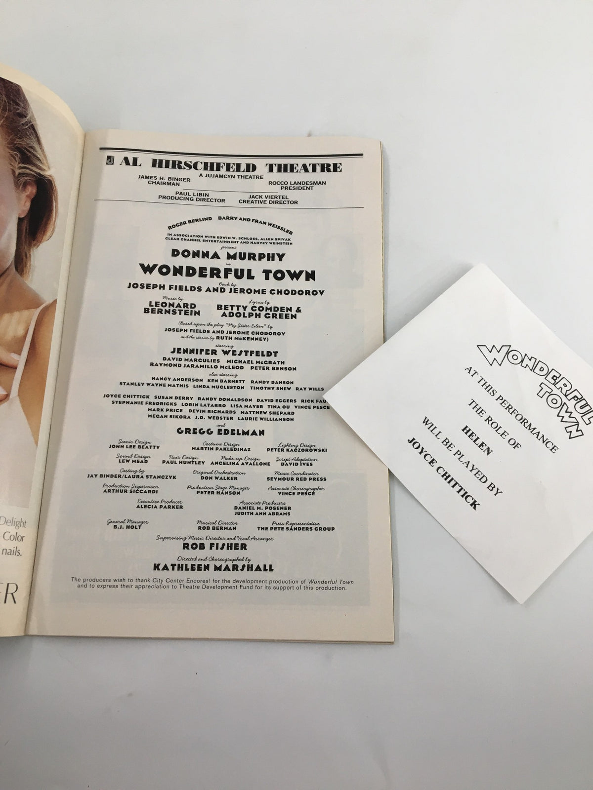 Another inside page of the 2004 Playbill for 'Wonderful Town' at the Al Hirschfeld Theatre, presenting the cast list and additional details about Donna Murphy's role in the production.