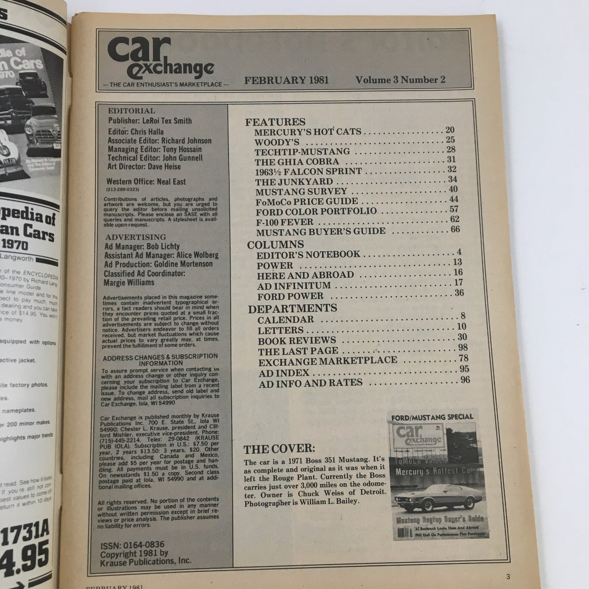 Page from Car Exchange Magazine February 1981 featuring the Mustang Ragtop Buyer's Guide, showcasing editorial details, features, and articles related to classic cars and the automotive market.