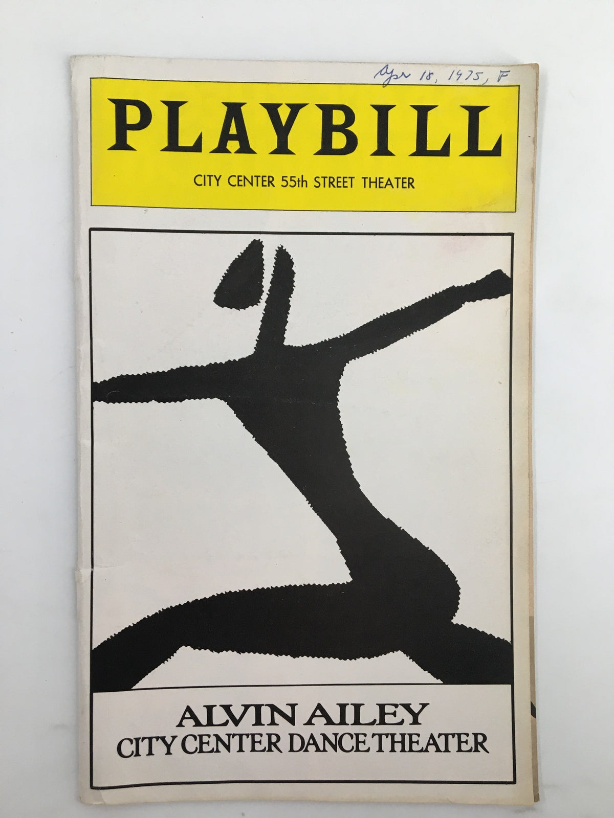 1975 Playbill for Alvin Ailey City Center Dance Theater at City Center 55th Street Theater. Features minimalistic black and white design.