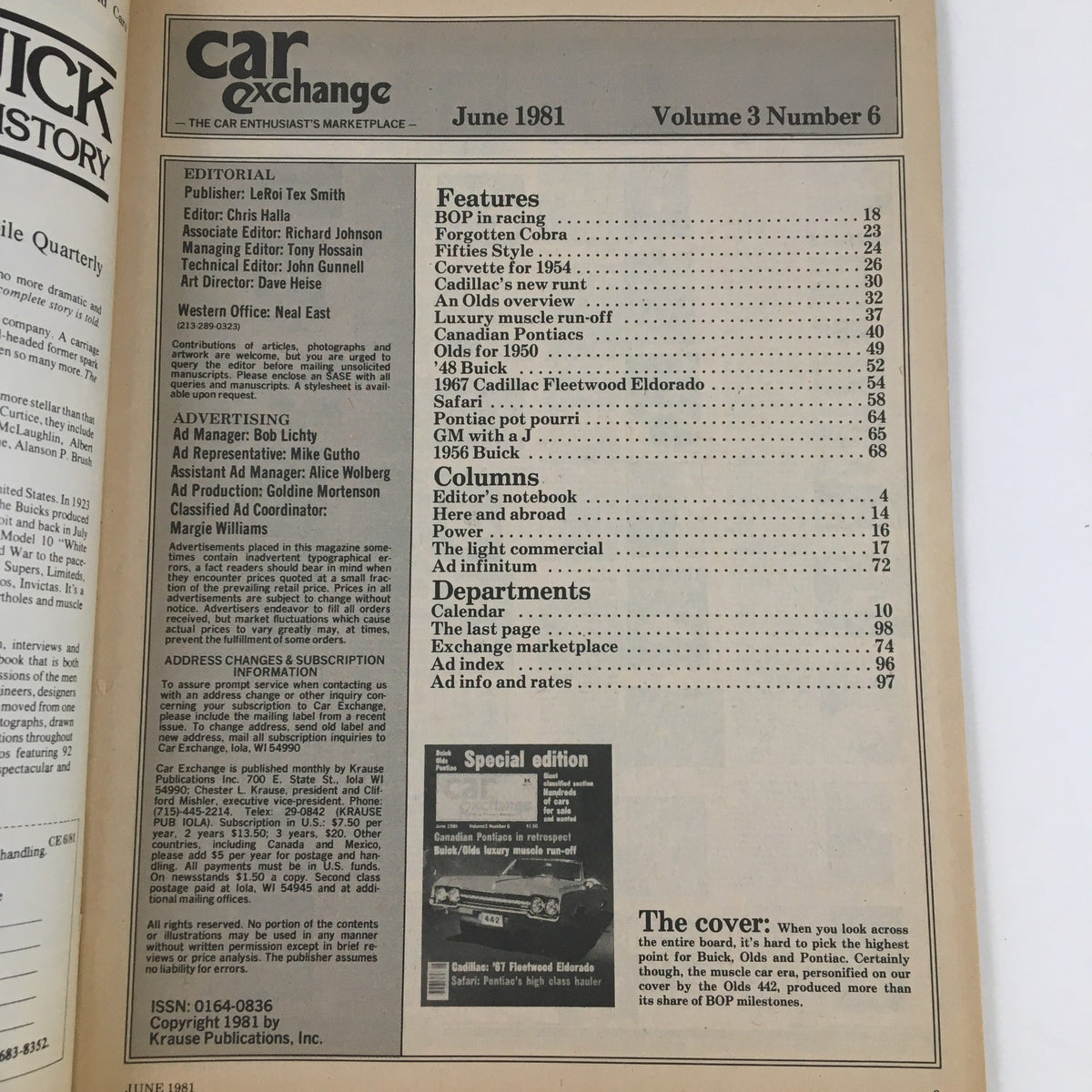 Inside page of Car Exchange Magazine June 1981, showcasing editorial details and features including Cadillac 1967 Fleetwood Eldorado and listings for classic cars.