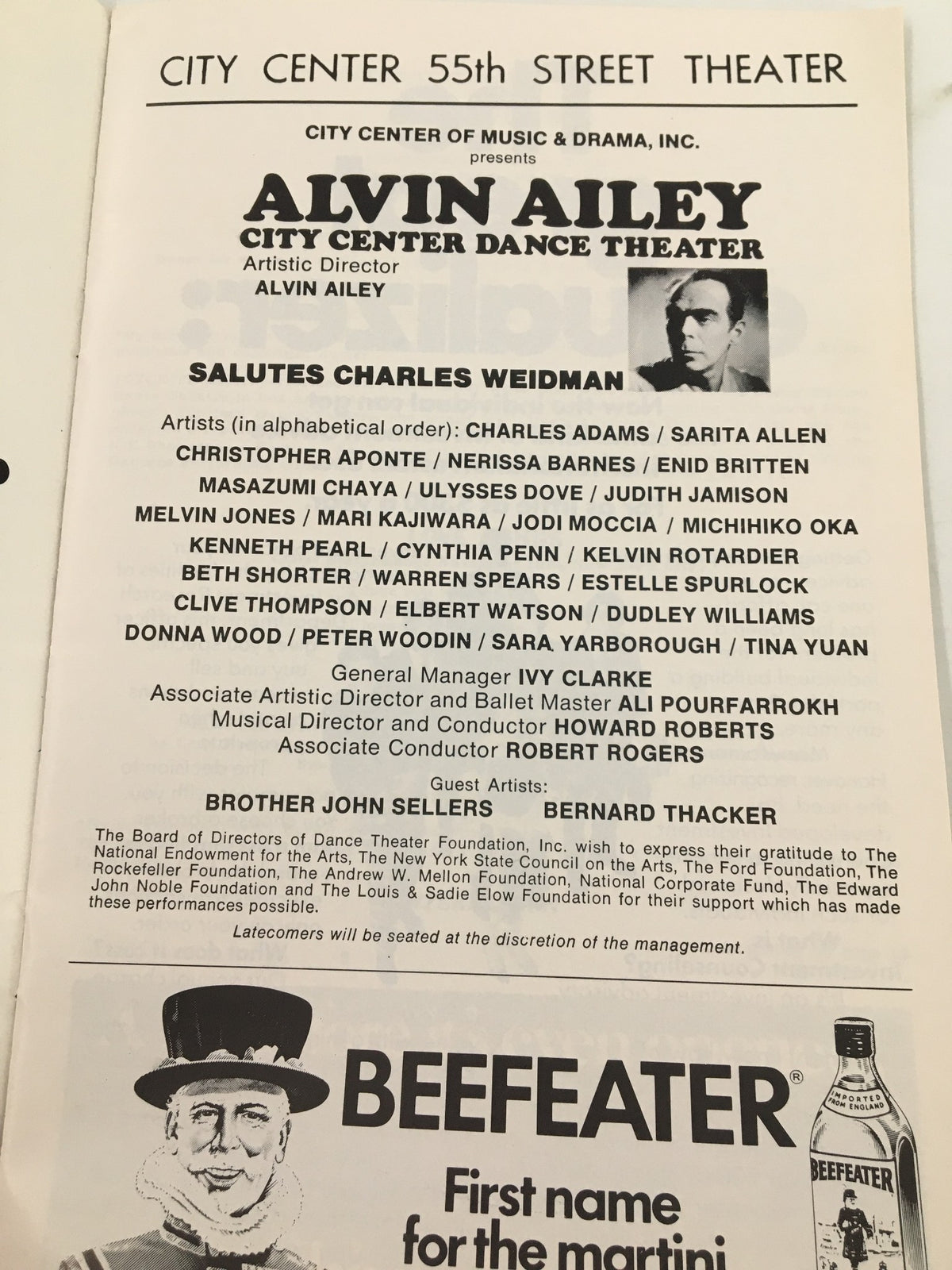 Interior page of the 1975 Playbill from Alvin Ailey City Center Dance Theater, listing artists and production details.