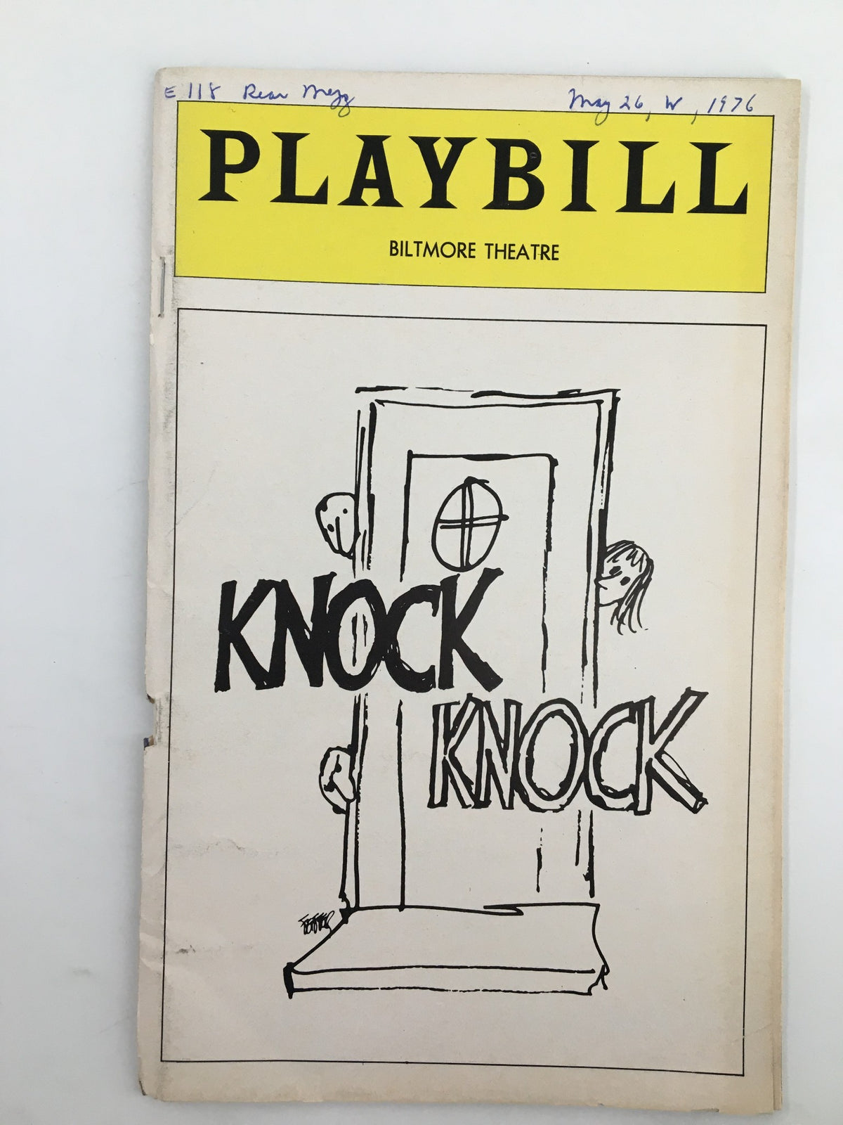 1976 Playbill for Knock Knock at Biltmore Theatre featuring a distinctive cover illustration and title.