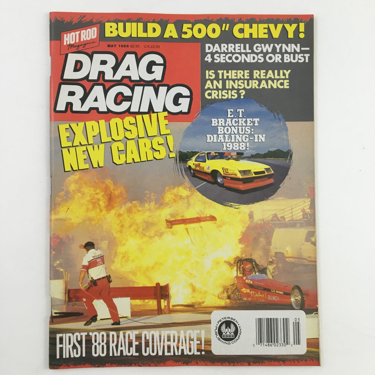 Cover of Hot Rod Magazine Drag Racing May 1988 featuring explosive action and a spotlight on NHRA Starter Buster Couch.