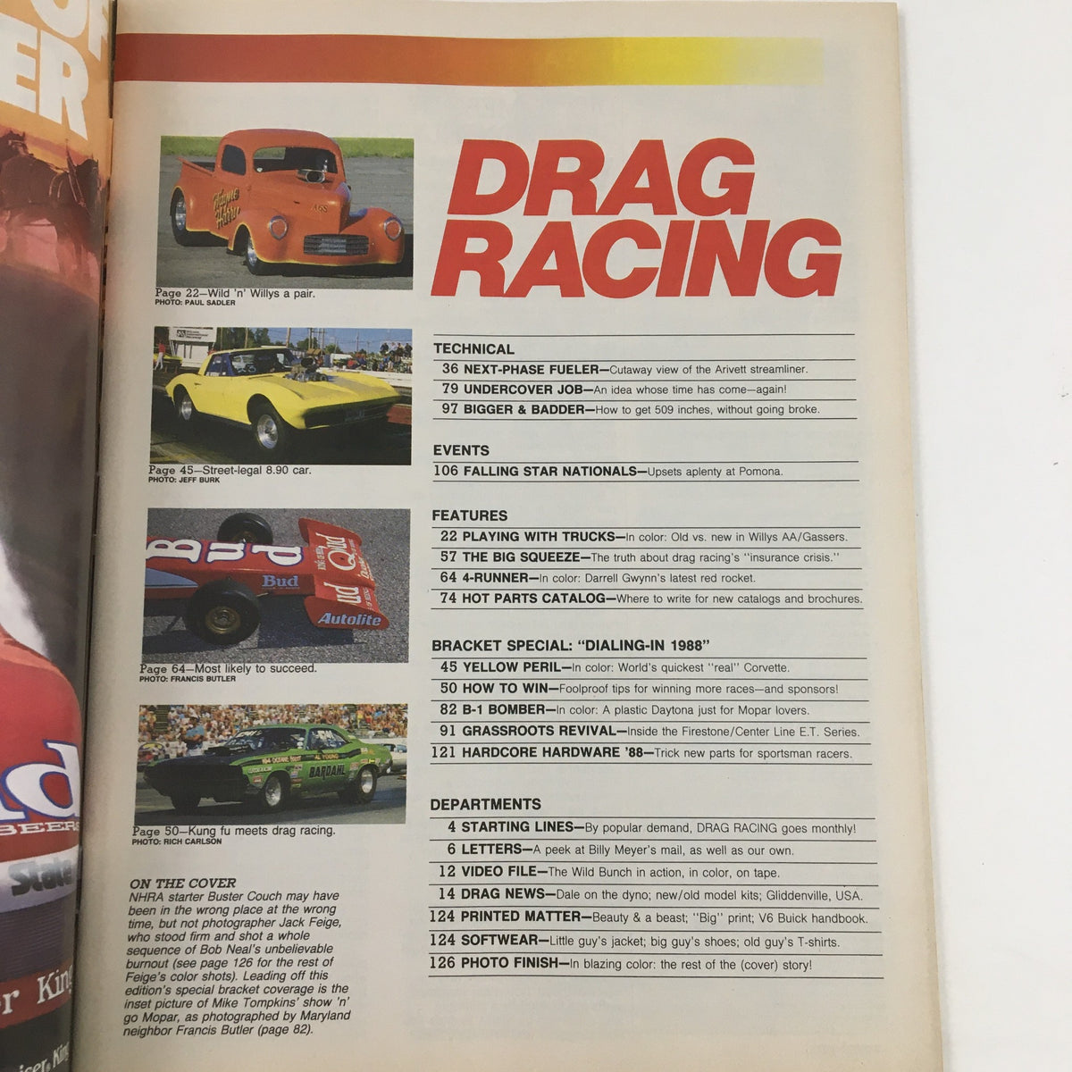 Interior page from Hot Rod Magazine Drag Racing May 1988 showcasing features and highlights from the issue, including technical insights and event coverage.