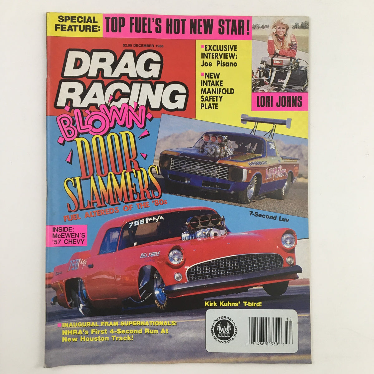 Cover of Drag Racing Magazine December 1988 featuring Lori Johns and Joe Pisano with colorful title and racing cars.