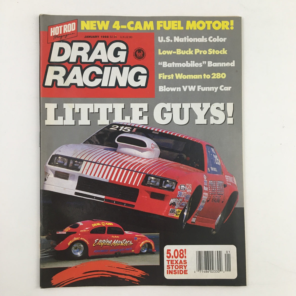 Cover of Drag Racing Magazine, January 1988 featuring Stan Mizell's Unique Pro Camaro, showcasing classic drag racing elements and images.