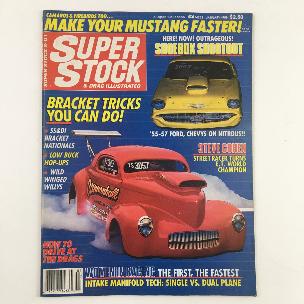 Cover of Super Stock & Drag Illustrated January 1988 featuring Scott Cannon's 7-second Willys, showcasing vibrant graphics and headlines related to drag racing.