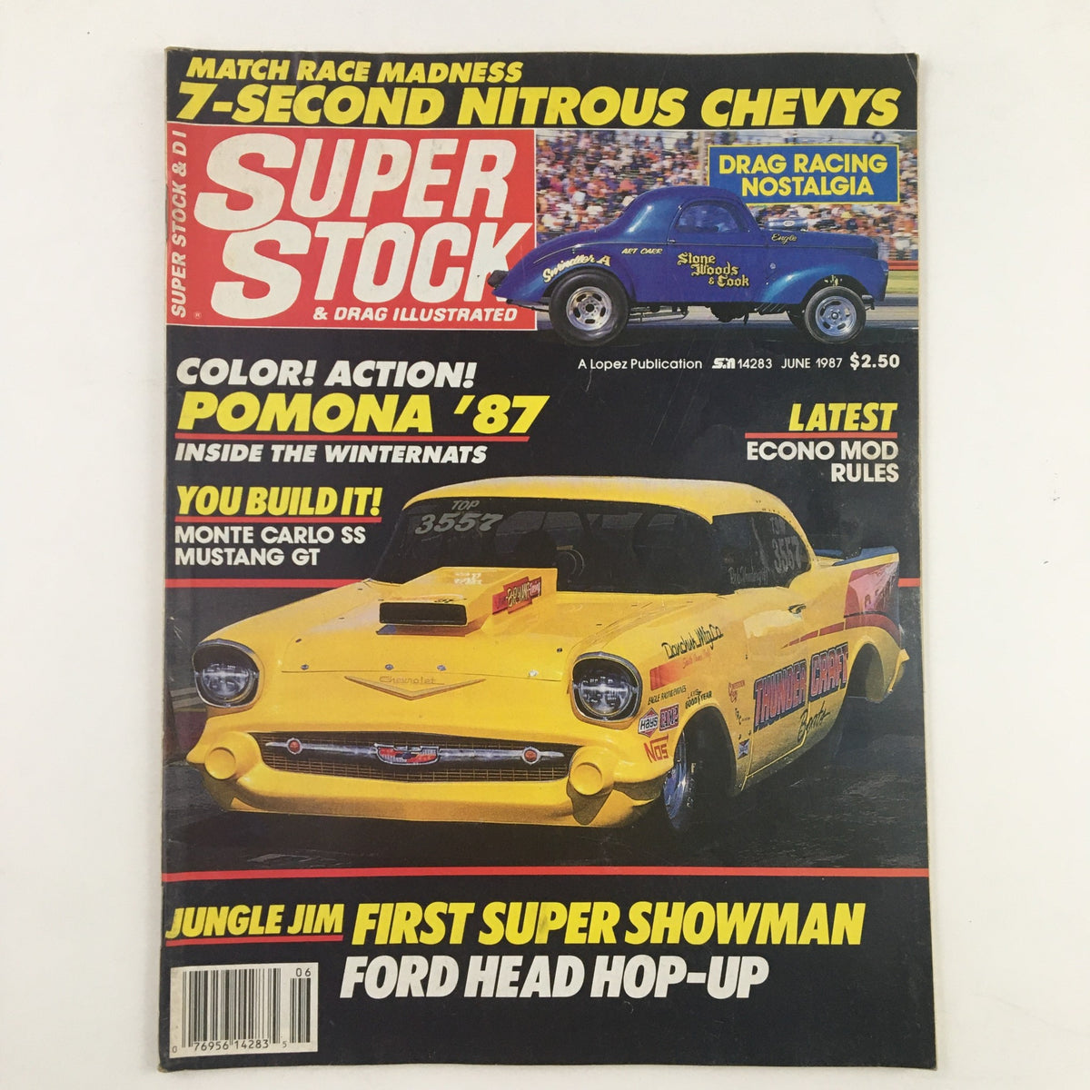 Cover of Super Stock & Drag Illustrated June 1987 showcasing a yellow Chevrolet Bel Air race car, featuring articles on the Monte Carlo SS and Mustang GT.
