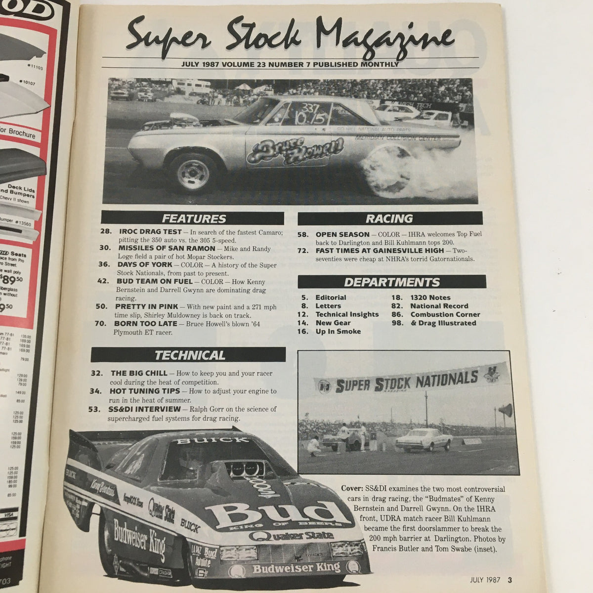 Inside page of Super Stock Magazine July 1987 detailing features and articles including 'Bud Team on Fuel' and technical tips for drag racing. The layout includes a racing car image and section headings for easy navigation.
