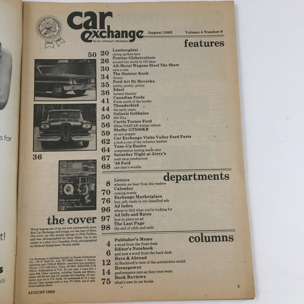 Table of contents from Car Exchange Magazine August 1982, featuring an article on Fred Padden's Wood Wagon, showcasing various automotive features and departments.