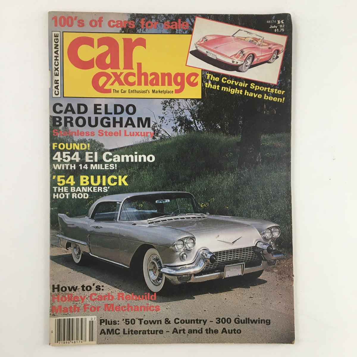 Cover of Car Exchange Magazine July 1982 featuring a silver Cadillac Eldorado Brougham, highlighting classic automotive features and vintage car market insights.