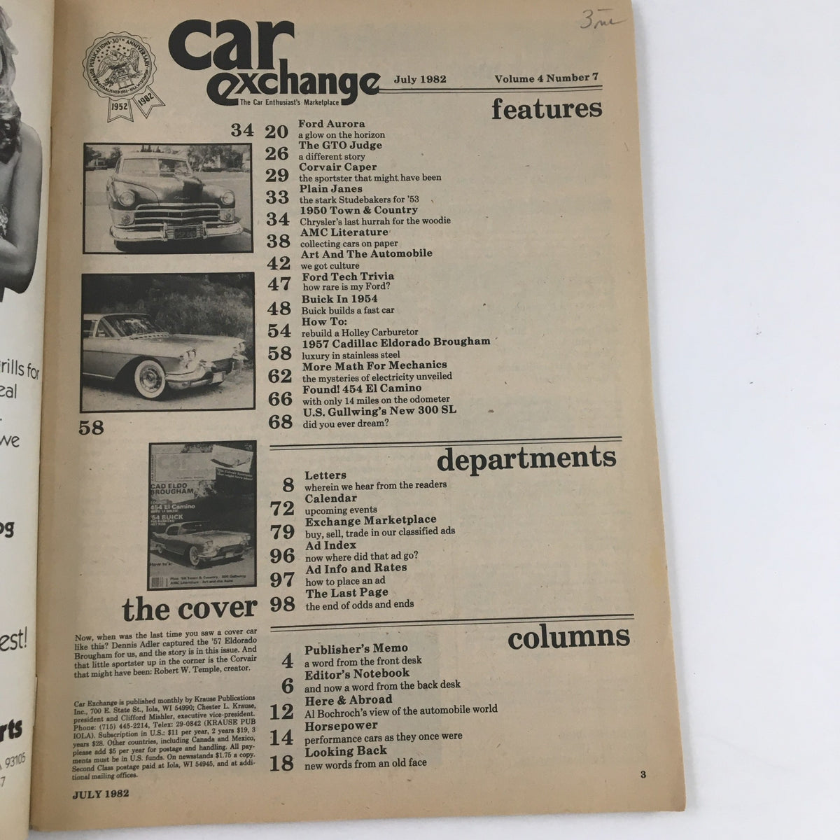 Table of contents of Car Exchange Magazine July 1982, detailing featured articles including classic cars and automotive history.