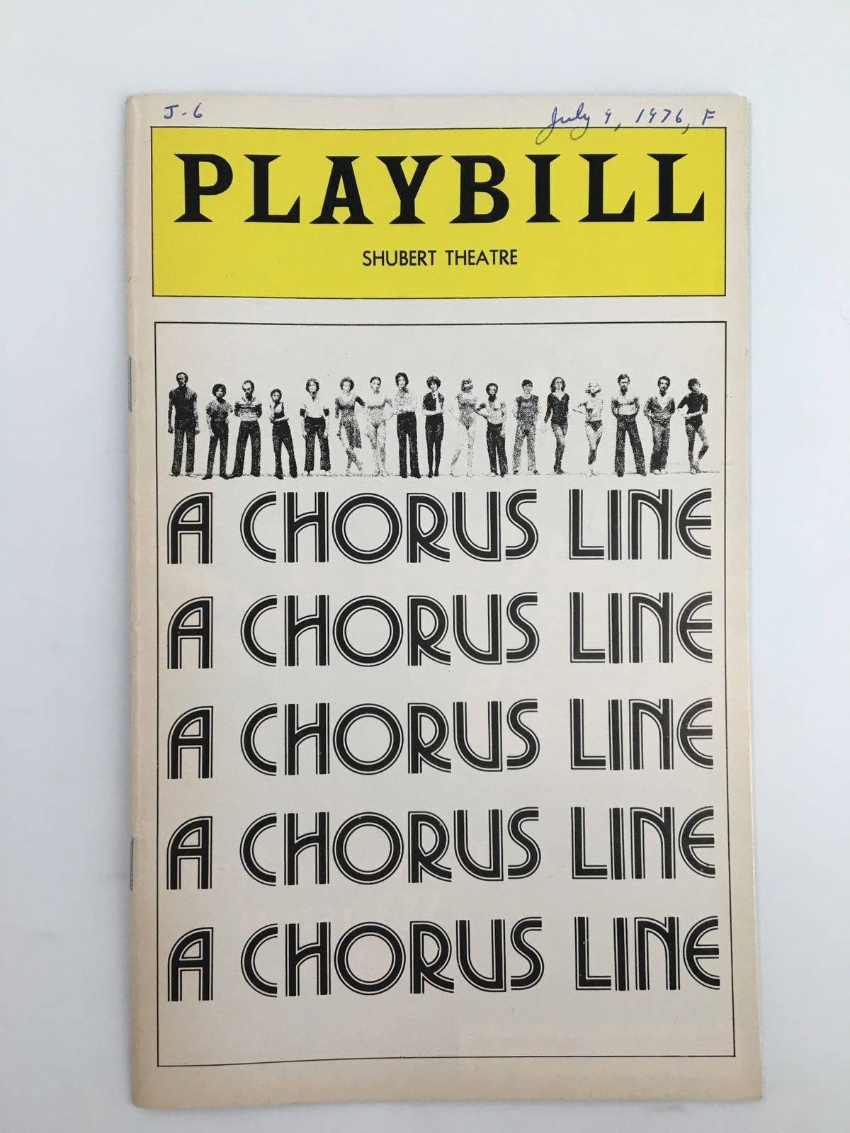 1976 Playbill for A Chorus Line, featuring the title prominently and a black and white photo of the cast, located at the Sam S. Shubert Theatre.