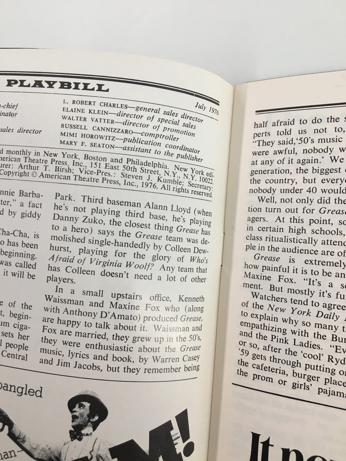 Interior page of the 1976 Playbill for A Chorus Line, displaying credits and promotional content.