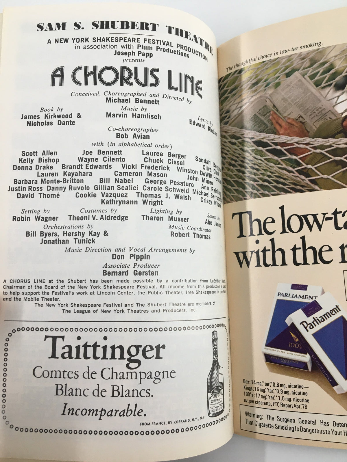 Another interior page of the 1976 Playbill for A Chorus Line, listing the cast and creative team with an advertisement.