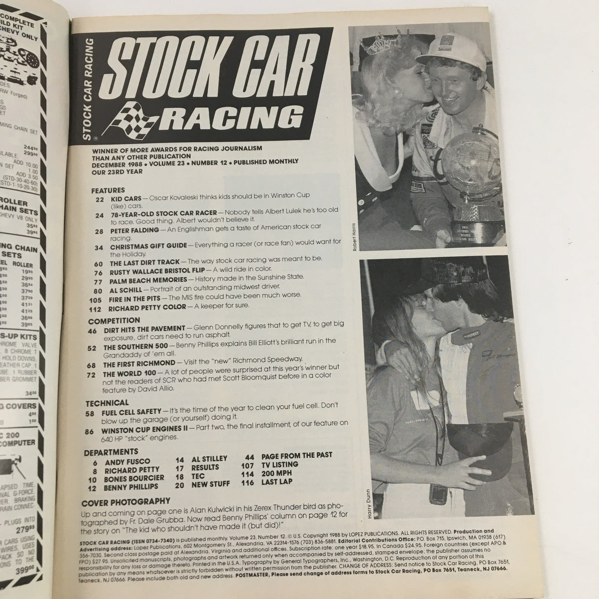 Inside view of Stock Car Racing Magazine December 1988 featuring articles and features from the period, highlighting key racing figures and events along with a focus on Alan Kulwicki.