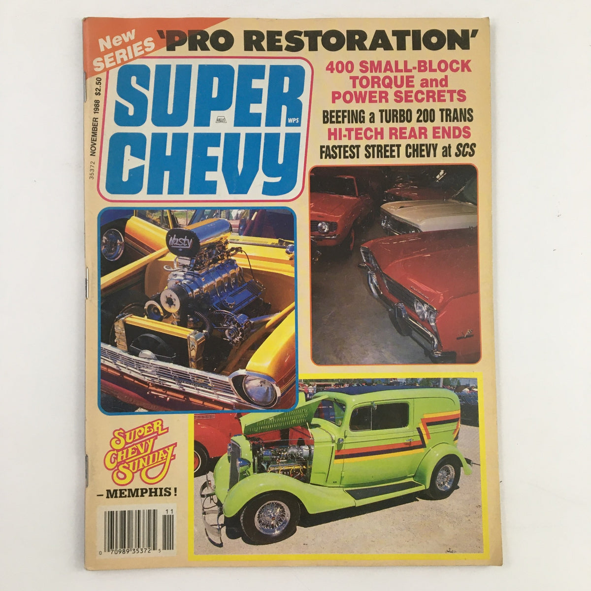 Cover of Super Chevy Magazine November 1988 featuring the theme '400 Small Block Torque Power Secrets', showcasing vibrant muscle cars including a yellow hot rod with a powerful engine and a classic green car with striking design.