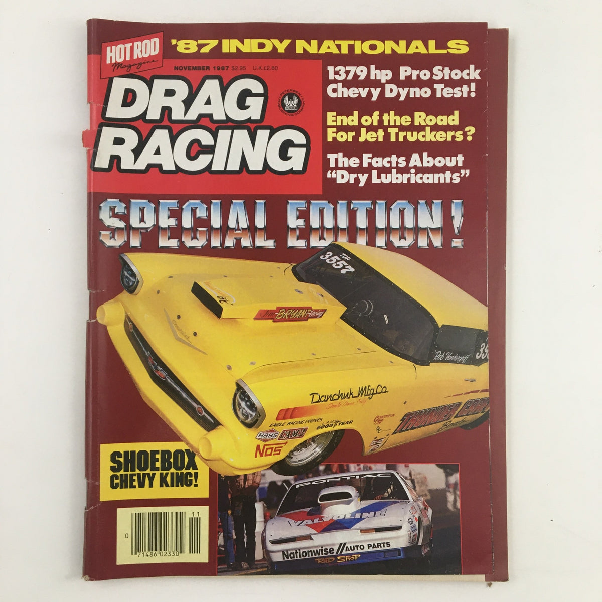 Cover of Hot Rod Magazine Drag Racing November 1987 showcasing a yellow drag racing car with the headline 'SPECIAL EDITION!' and features on Pro Stock and jet trucks.