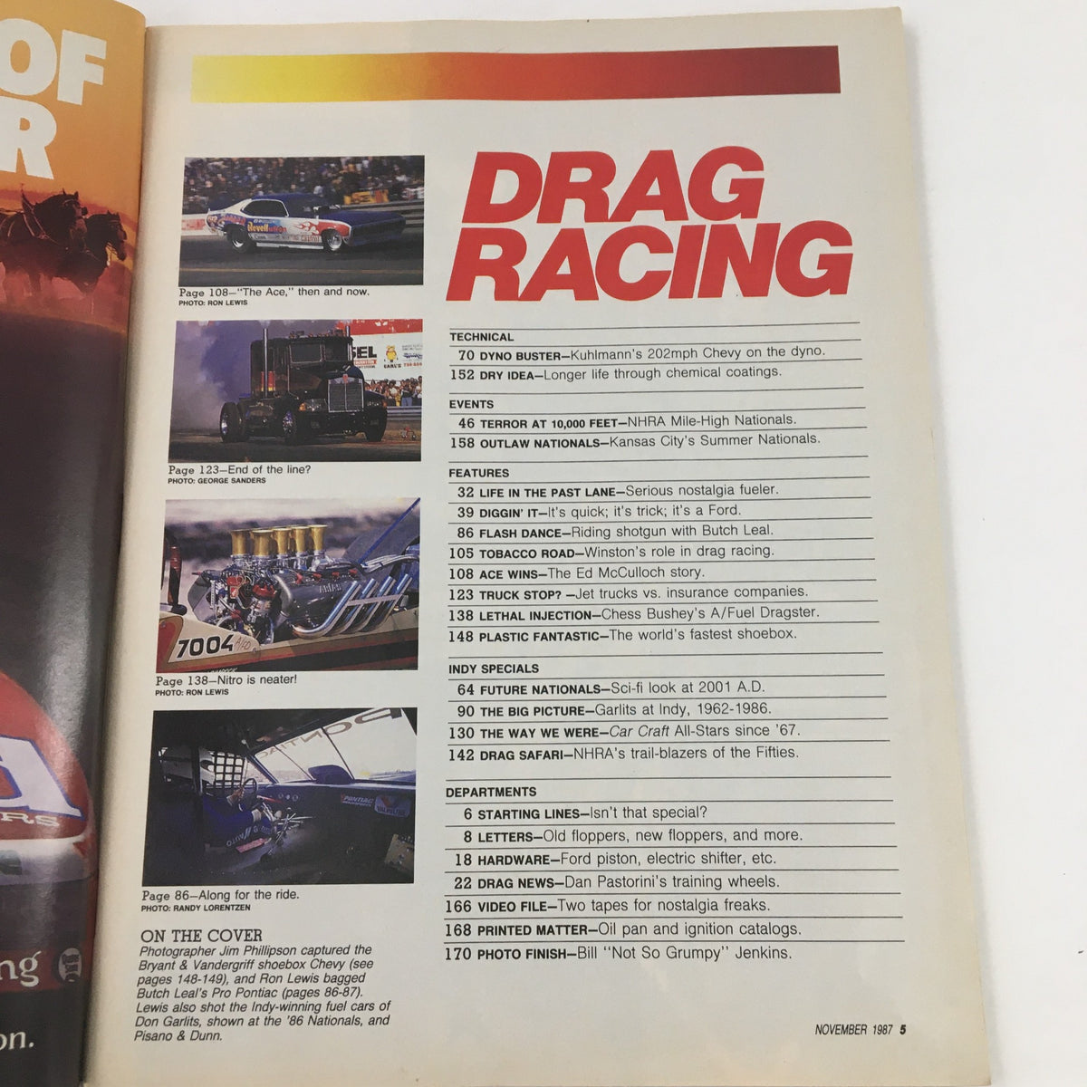 An interior page of Hot Rod Magazine Drag Racing November 1987 featuring table of contents, event highlights, and insights on drag racing technology and past events.