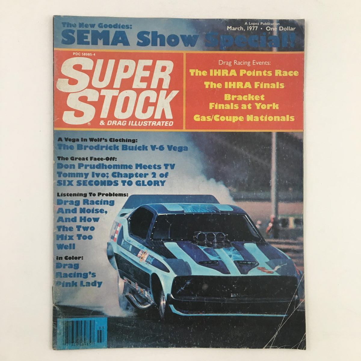 Cover of Super Stock Magazine March 1977 featuring the Keeling & Clayton at NHRA World. The magazine displays a drag racing car with a dynamic design and includes details about drag racing events.