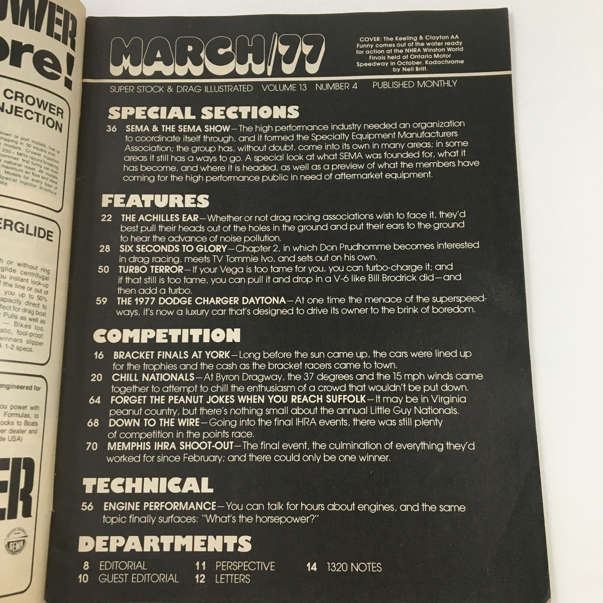 Super Stock Magazine March 1977 cover page featuring the Keeling & Clayton at the NHRA World event with special sections highlighted, details about drag racing features, and competition notes.